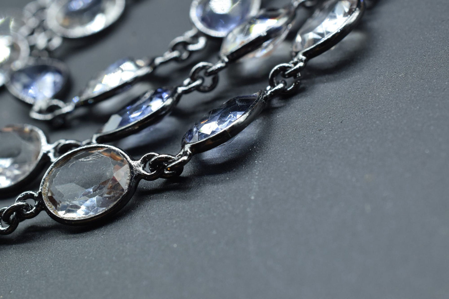 Crystal & Iolite Bezel link Chain I Handmade Bezel Link Chain, black rhodium Bezel Chain,Brass Chaina,Gemstone Connector Chain Per Foot