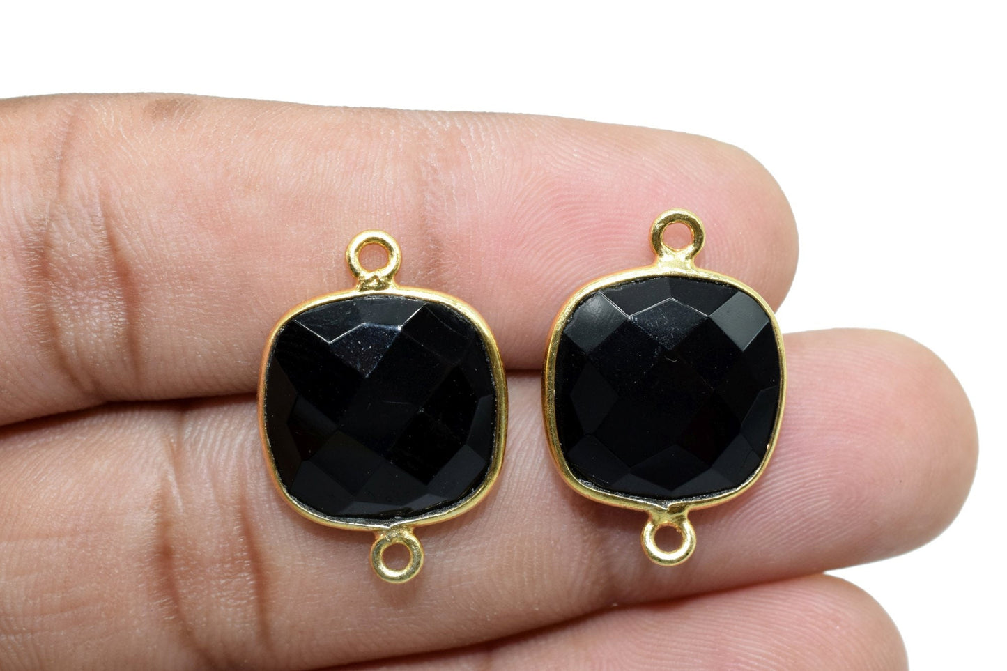 Black Onyx 14mm Cushion double bail connectors,Black Onyx Bezel Findings Cushion Charms,Black Onyx Cushion Gold Plated Shape Connector,