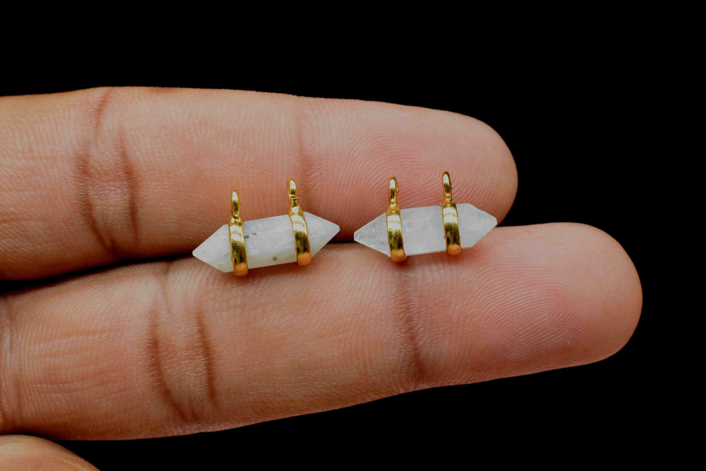 Moonstone Double Terminated Point Pendant,Moonstone 5x15mm Point Shape Component,Rainbow Gold Plated Band,June Birthstone,Jewellery For Her