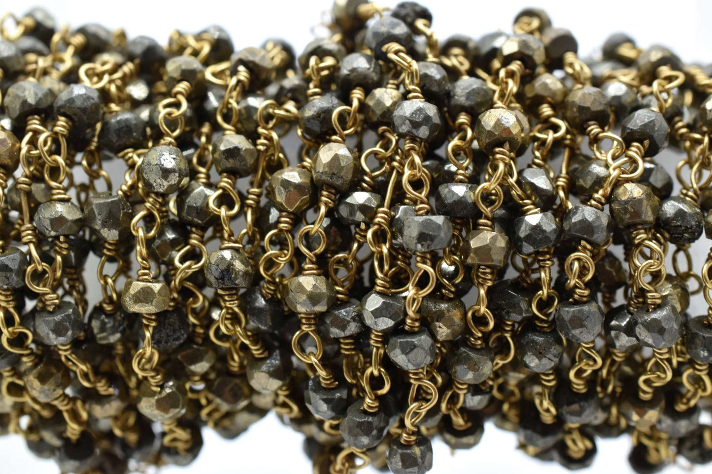 Natural Pyrite 3mm Beaded Chain,Pyrite Wire Wrapped Chain,Pyrite Brass chain,Pyrite Jewelry Making Chain,Pyrite Beads rosary chain, Pyrite