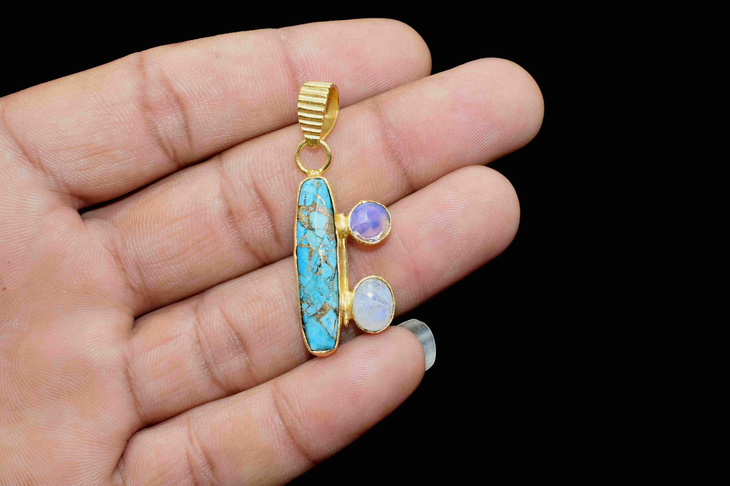 Multi Gemstone Pendant,Copper Turquoise 6x25mm Rectangle Shape Pendant,Moonstone Pendant,Single Bail Pendant,Opalite Gemstone Pendant,Gift