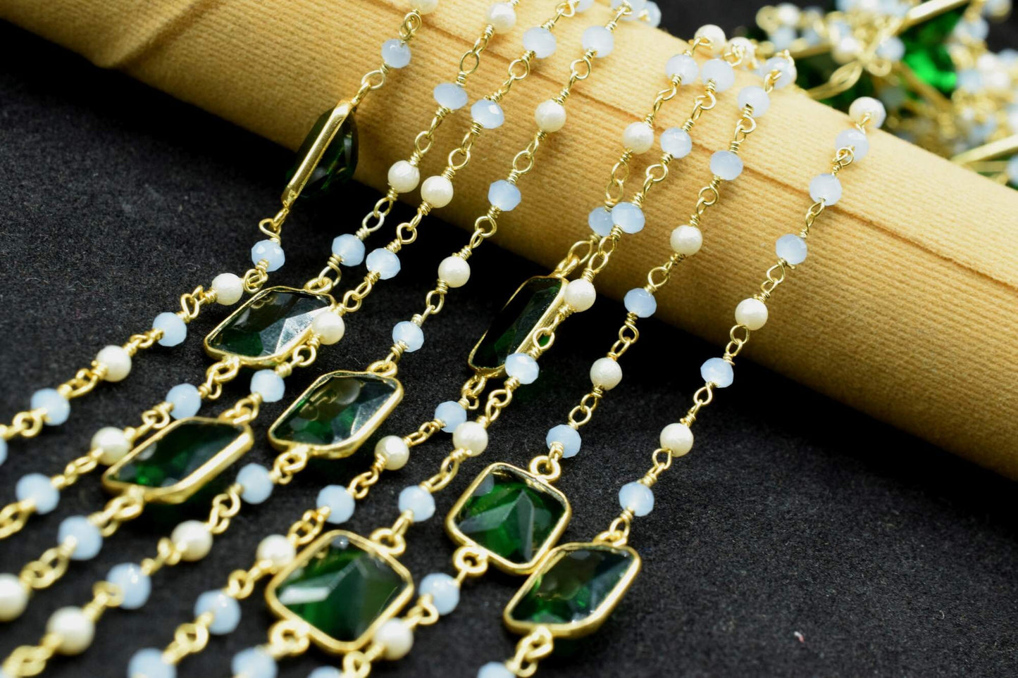 Blue Chalcedony Rosary,Emerald Quartz Bezel Link Chain,Pearl Beaded Rosary Chain,Gemstone Bezel Chain,Gold Plated Rosary Chain,Beaded Chain