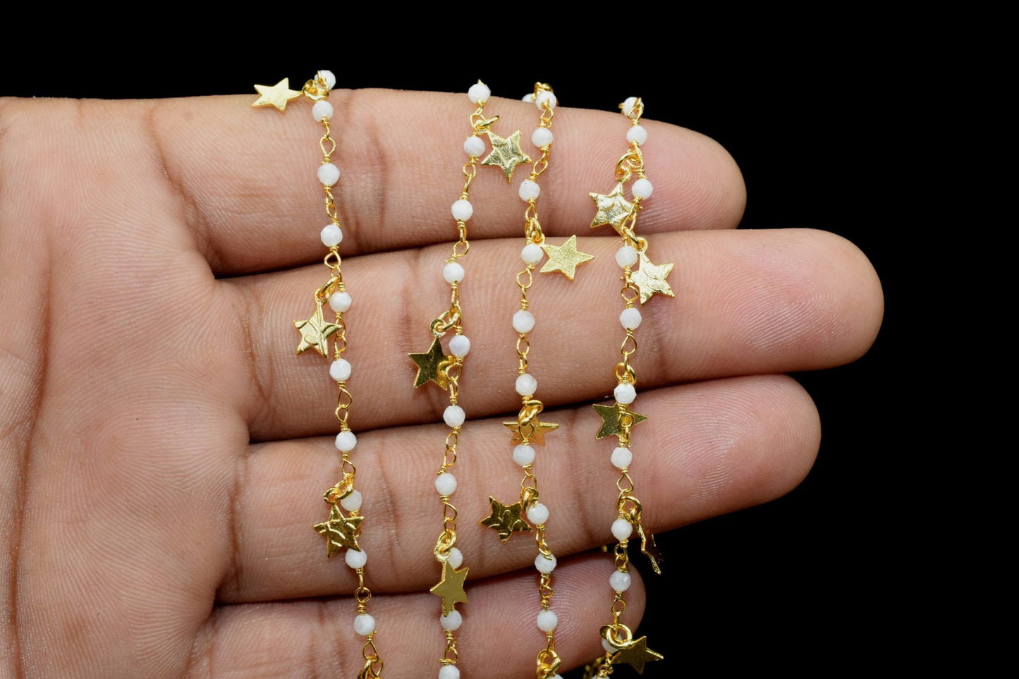 Moonstone 2mm Beaded & Star Charm Chain,Moonstone Rosary Chains,Moonstone Gold Plating Wire Wrap Chain,Brass chain,Jewelry Making Chains