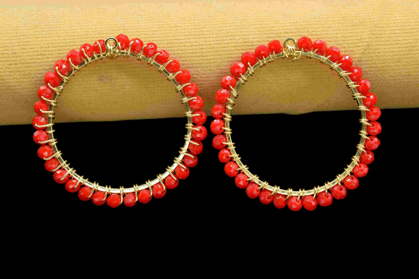 Red Coral Wire Wrapped Dangle Connectors,Circle Pendant Component,Handmade Earrings,Beaded Hoops Earring,Finding Component Red Coral Jewelry