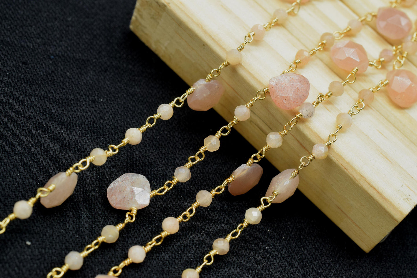 Peach Moonstone Beads Rosary,Silver Plated,Wire Wrapped link Stone Rosary,Heart Shape Briolette Chain, New Style Rosary,moonstone rosary,