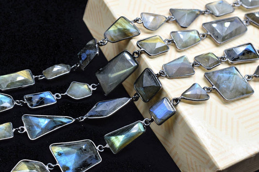 Blue Flashy Labradorite connector link Chain-Natural Labradorite Bezel Chain,Labradorite Free Shape Connector Chain,Labradorite bezeld chain