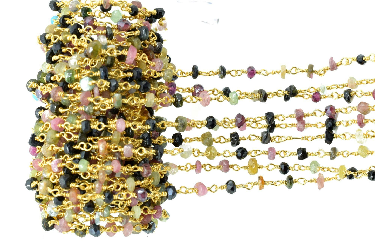 Multi Tourmaline Rosary Chain,Multi Tourmaline Wire Wrapped Rosary,3 to 3.5mm beaded chain,Natural Multi Tourmaline beaded Chain,gold chain