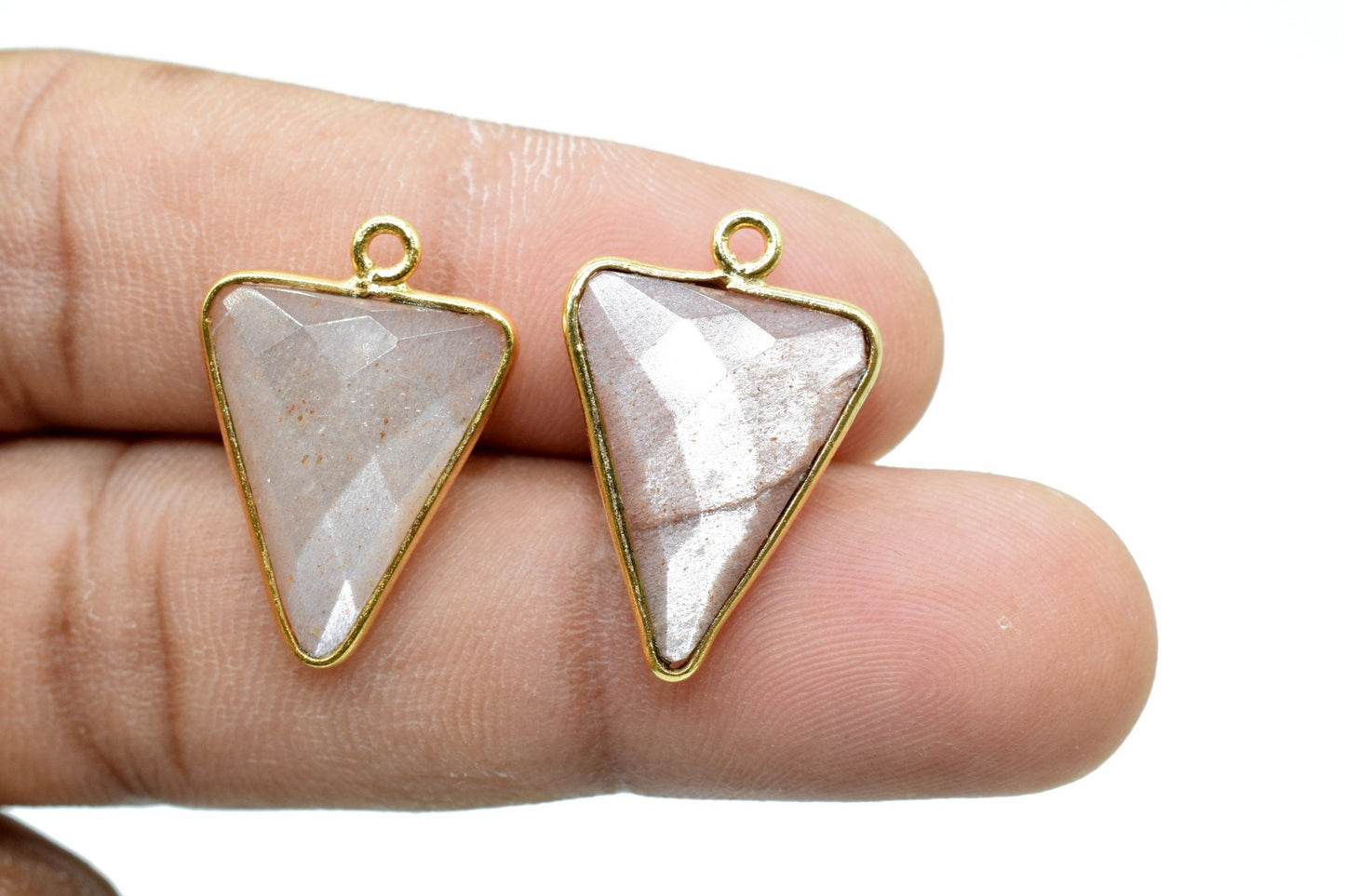 Peach Moonstone 15x18mm Trillion shape charm,Brass Gold Plated bezel,Moonstone Pendant,Moonstone Arrow shape pendant,Handmade gold charms