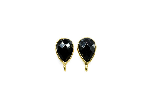 Black Onyx 7x10mm Teardrop shape Earring connector Stud post setting with loop open bail,Black Onyx Gold Plated Earring With Loop