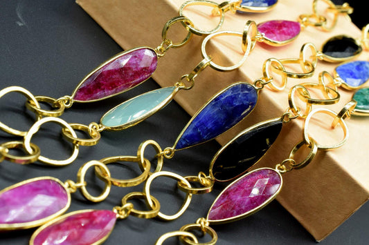 Natural Multi Precious stone 10x30mm long briolette connector link Chain,Ruby Bezel Chain,Emerald Chain,Sapphire chain,link chain,bezels