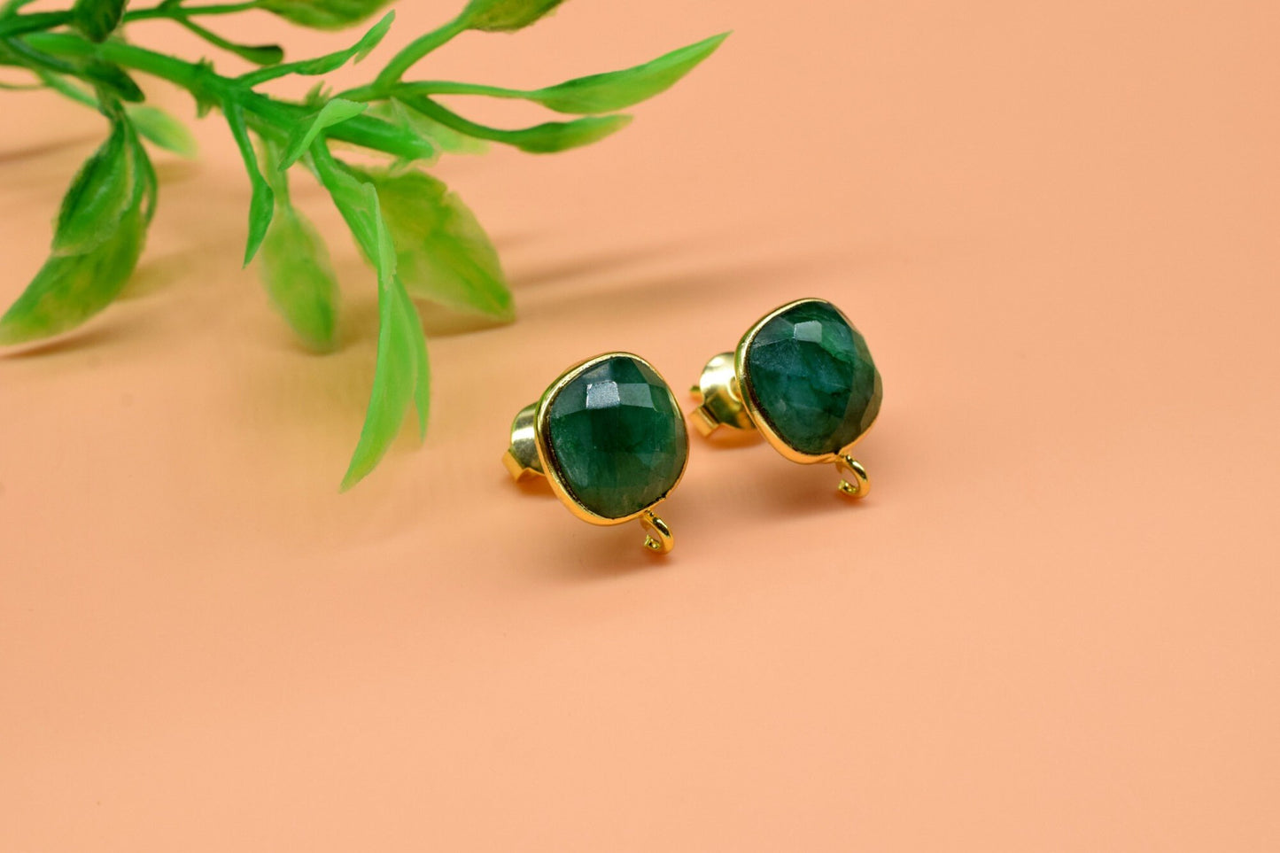 Emerald 10mm Cushion Earring Connector,Jewelry Making Supply,Emerald connector post stud,Gold Plated Earring Connector,Emerald Earring links