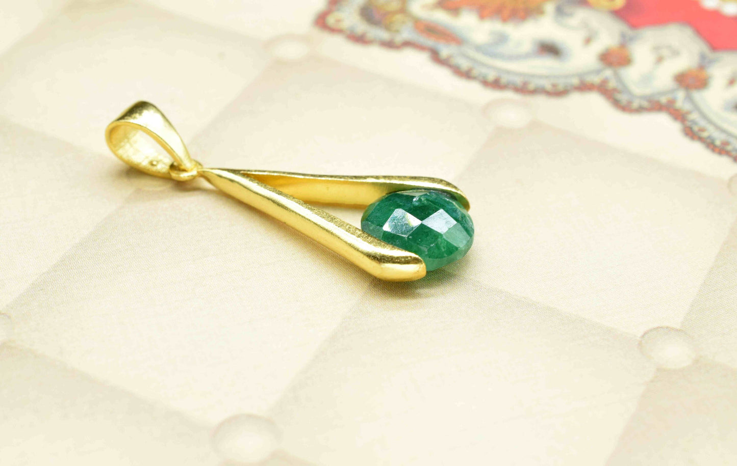 Emerald Component , Single Bail Charm ,Emerald  Connector Pendant , Gold Plated Connectors , Single Bail Checker Cut Gemstone Connector