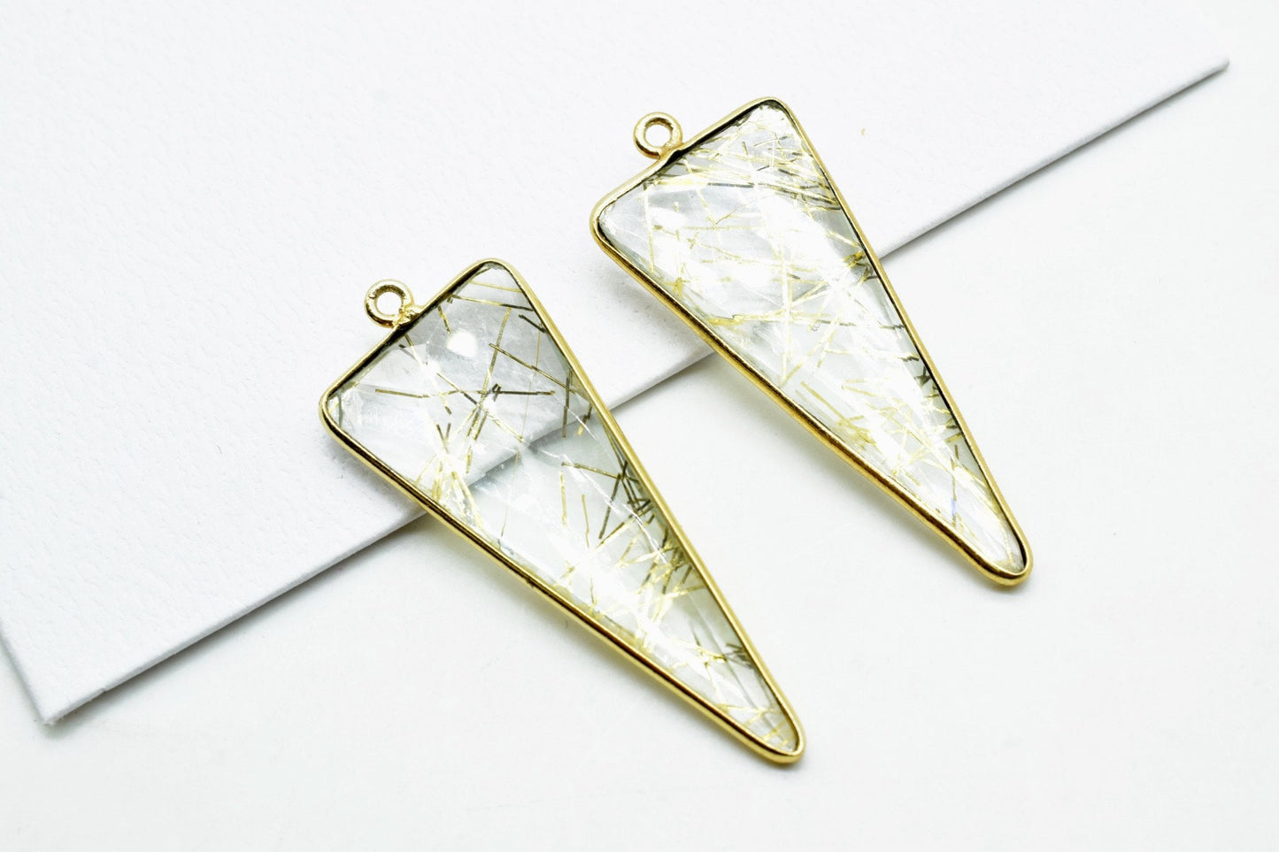Gold Rutile 16x38mm Trillion Shape bezel,Gold Plated bezel,Gold Rutile Bezel Charm,Gold Rutile brass gold plated connector,Gold Rutile charm