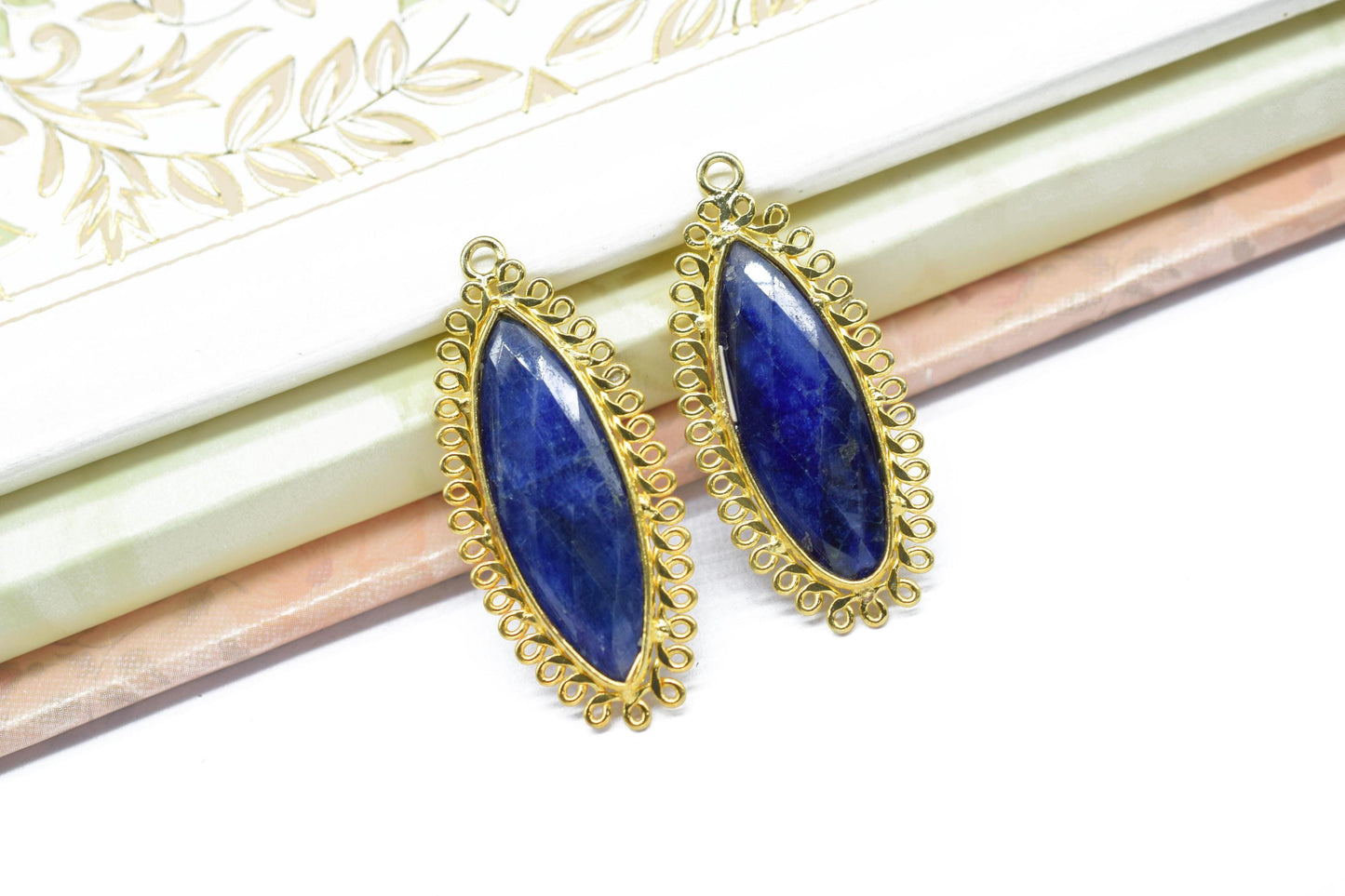 Blue Sapphire 10x30mm Teardrop Bezel Charm,Long charms,Gemstone Brass Component,Single Bail Pendant,Handmade Jewellery Connectors,B'day gift