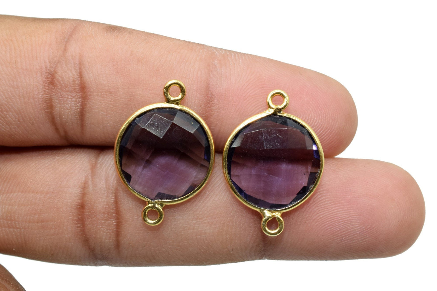 Amethyst 14mm Round double bail Connectors,Brass Gold Plated bezel,Amethyst Pendant,February Birthstone Coin Links,Jewelry Making Findings