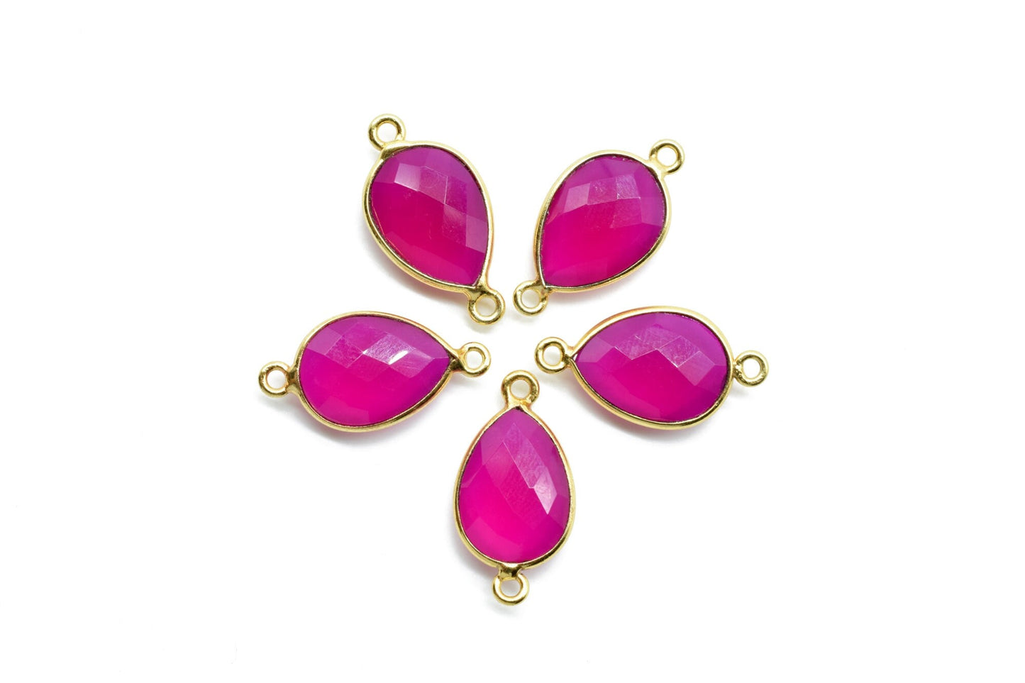 Pink chalcedony 10x14mm Pear shape double loop connectors,Checker Board cut Pink Chalcedony Pendant,Hot Pink charms,Fuchsia Pink Chalcedony