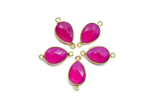 Pink chalcedony 10x14mm Pear shape double loop connectors,Checker Board cut Pink Chalcedony Pendant,Hot Pink charms,Fuchsia Pink Chalcedony