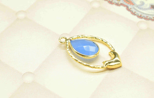 Blue Chalcedony Pear Shape Pendant , Blue Chalcedony Quartz Handmade Pendant , Multi Gemstone Charms , Gold Plated Gemstone Connectors