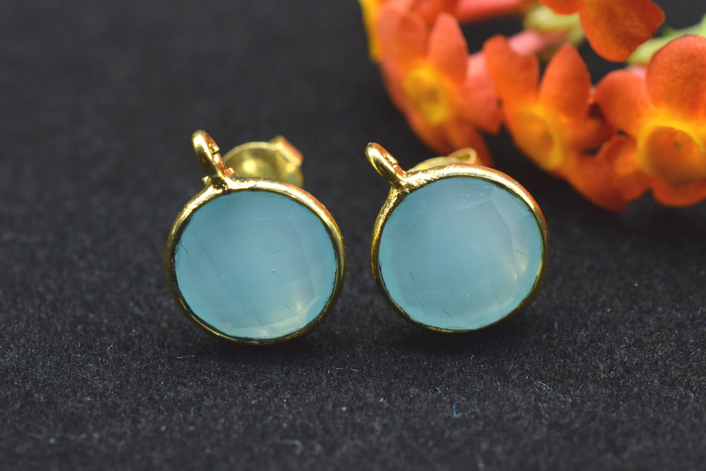 Aqua Chalcedony 10mm Earring connector Stud post setting with loop hoop open bail,Hot Aqua Chalcedony Round Gold Plated Earring With Loops