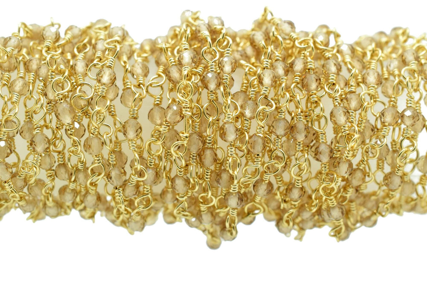 Smoky Quartz 2mm Beaded Chain,Smoky Quartz Rosary,Gold Plated Wire Wrap Chain,Brass chain,Jewelry Making Chain,Rosary,Smoky vermeil chain