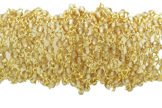 Smoky Quartz 2mm Beaded Chain,Smoky Quartz Rosary,Gold Plated Wire Wrap Chain,Brass chain,Jewelry Making Chain,Rosary,Smoky vermeil chain