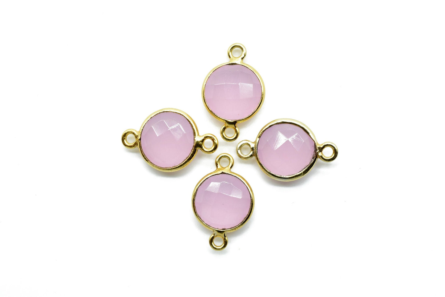 Pink Chalcedony 10mm Round double bail connectors,Pink Chalcedony Gold Plated Gemstone Bezel Connector,Pink chalcedony Double Loop connector