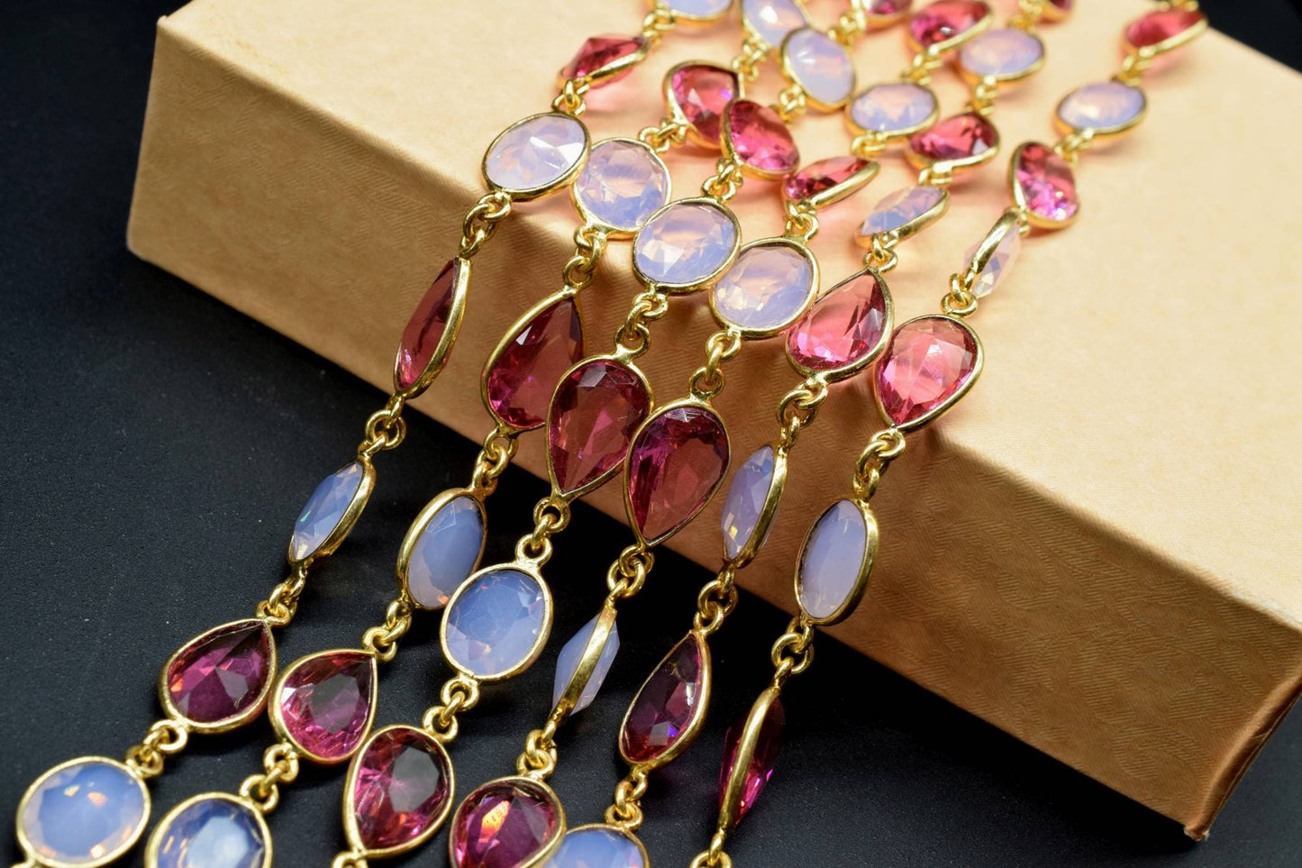 Pink Tourmaline & Opalite Bezel Connector Chain,Gold Plated Gemstone Chain, Bracelet Chain, Oval Connectors,Pink Tourmaline Connector Chain