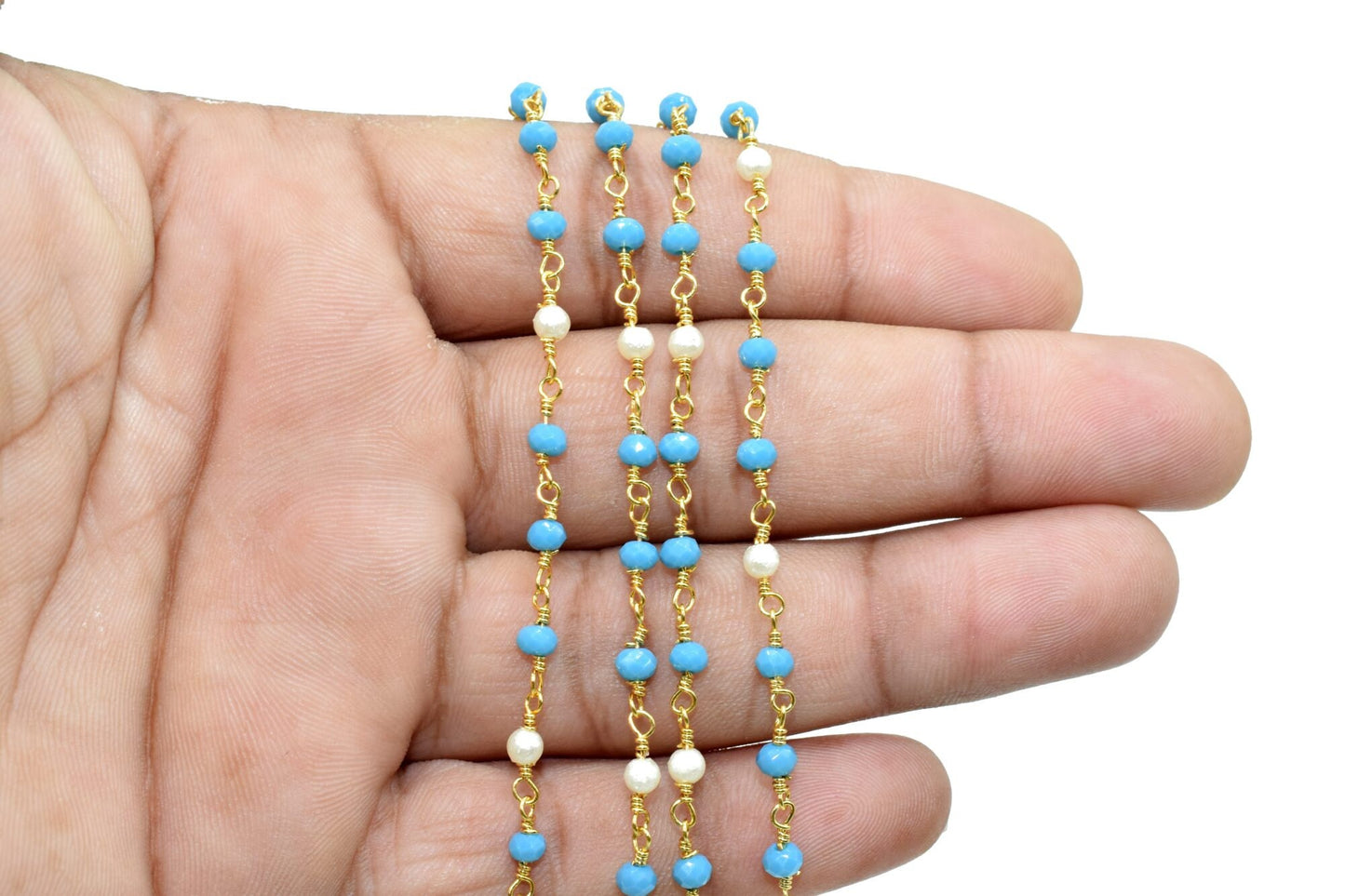 Turquoise Beaded Chain,Turquoise Faceted Beads Wire Wrapped Chain,pearl rosary ,Brass chains,Jewelry Making Chain,Turquoise Beads rosary