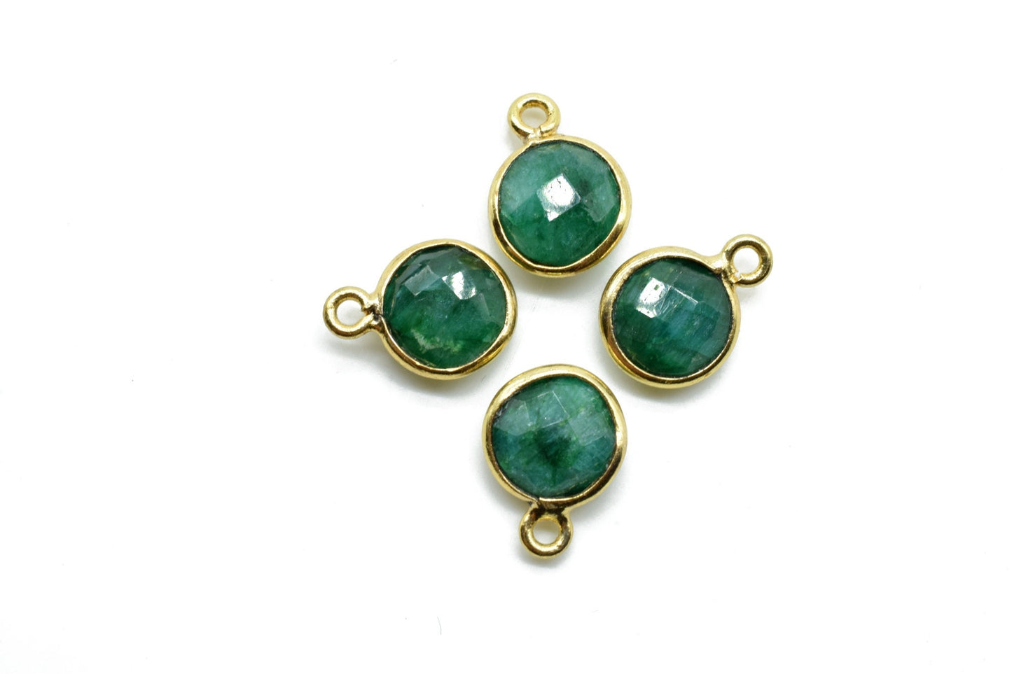 Natural Emerald 8mm charm,Emerald Pendant,Emerald Round Gold Plated bezel,Emerald Vermeil Bezel,jewelry making charm,Emerald Brass connector