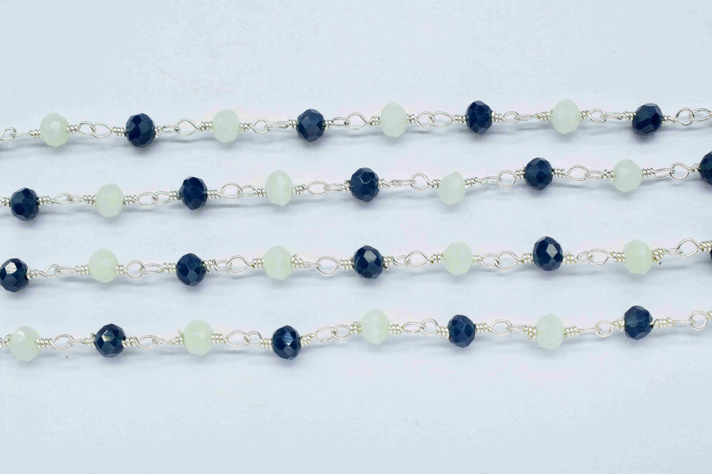 Blue Agate 3mm Beaded Chain,Multi Stone Beaded Rosary Chain,Aqua Quartz stone links,Handmade Jewelry Making Chain,Wire Wrapped Rosary Chain
