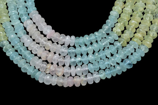 Multi Color Aquamarine Faceted Rondelle Beads,Multi Aquamarine Beads, 7x7.5mm Aquamarine Rondelle Beads, Aquamarine Strand,Beads for Jewelry