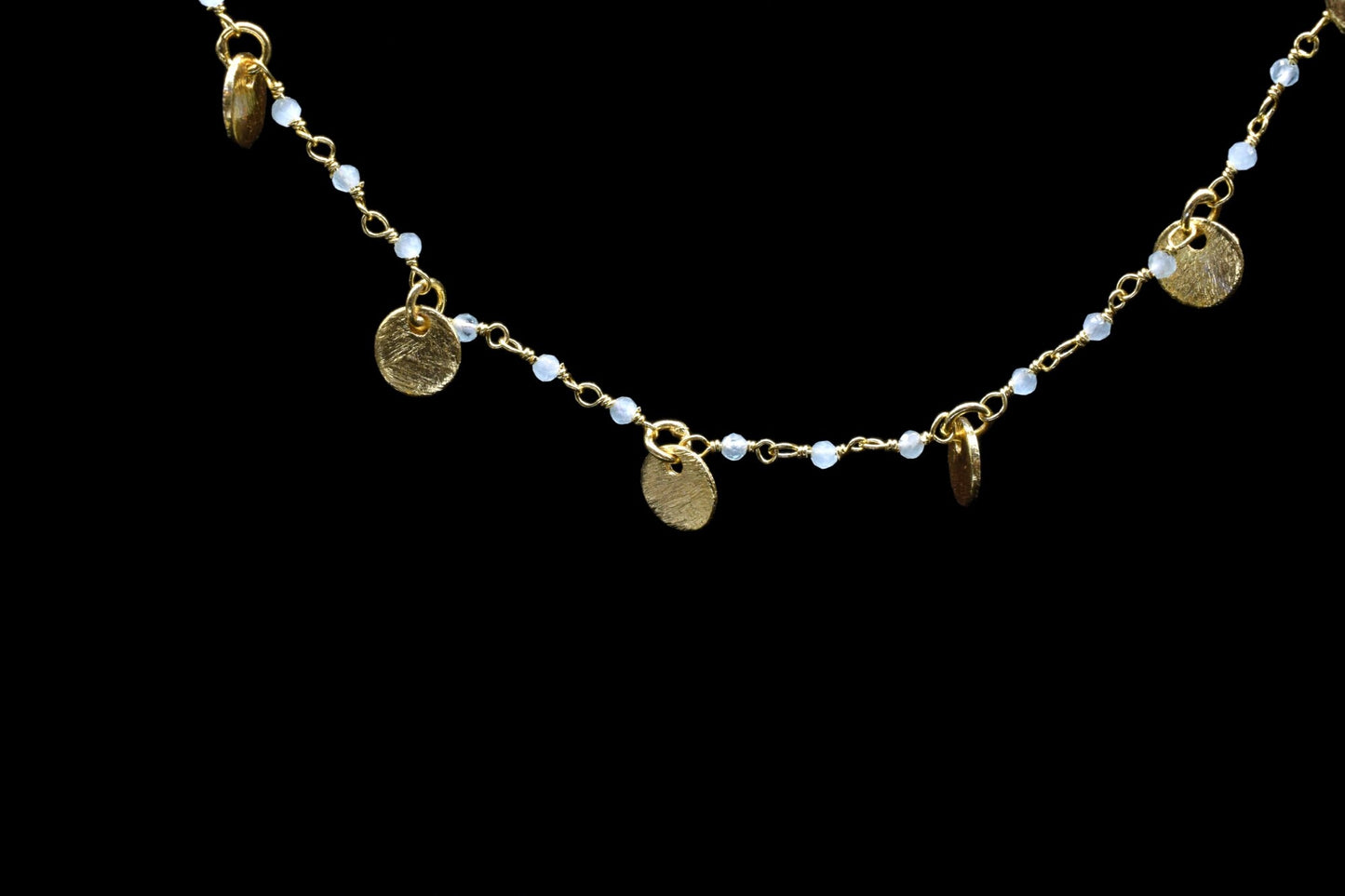 Aqua chalcedony 2mm Beaded & Circle Charm Chain,Aqua Chaledony Rosary Chain,Gold Plating Wire Wrap Chains,charms chains,Jewelry Making Chain