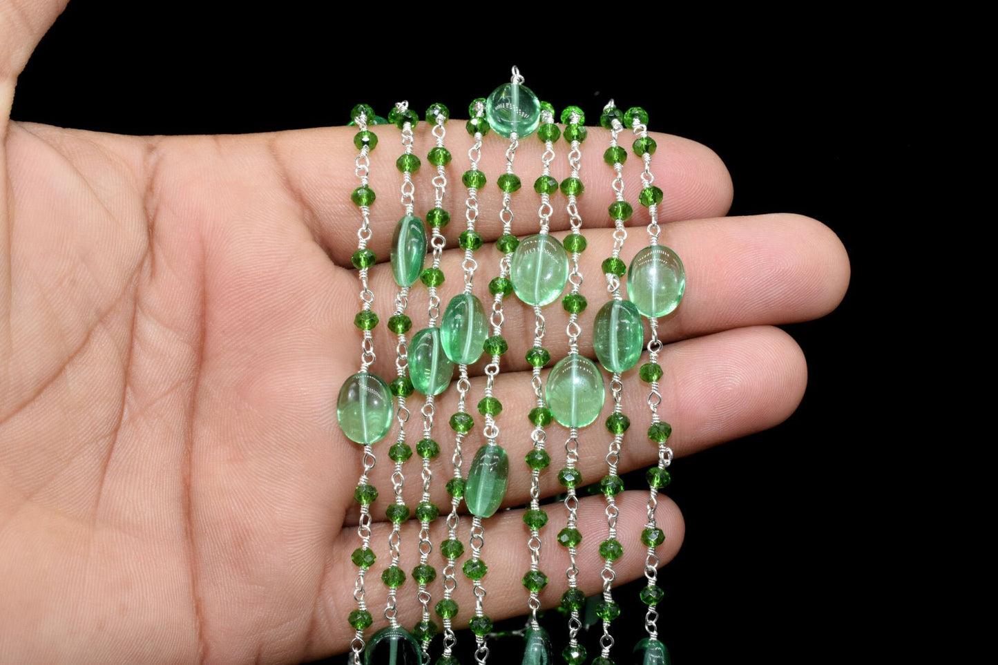 Green chalcedony Smooth Oval Shape Chain, Silver Wire Plated Rosary Beaded Chain,Chain Per Foot,Gemstone Beads,Topaz Rosary Beaded Chain