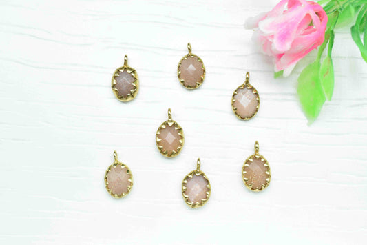 Peach Moonstone Prong Pendant,Handmade Gemstone Bezel Link,Tiny Moonstone Bezel Connector,Single bail connector,Moonstone Pendant Jewelry