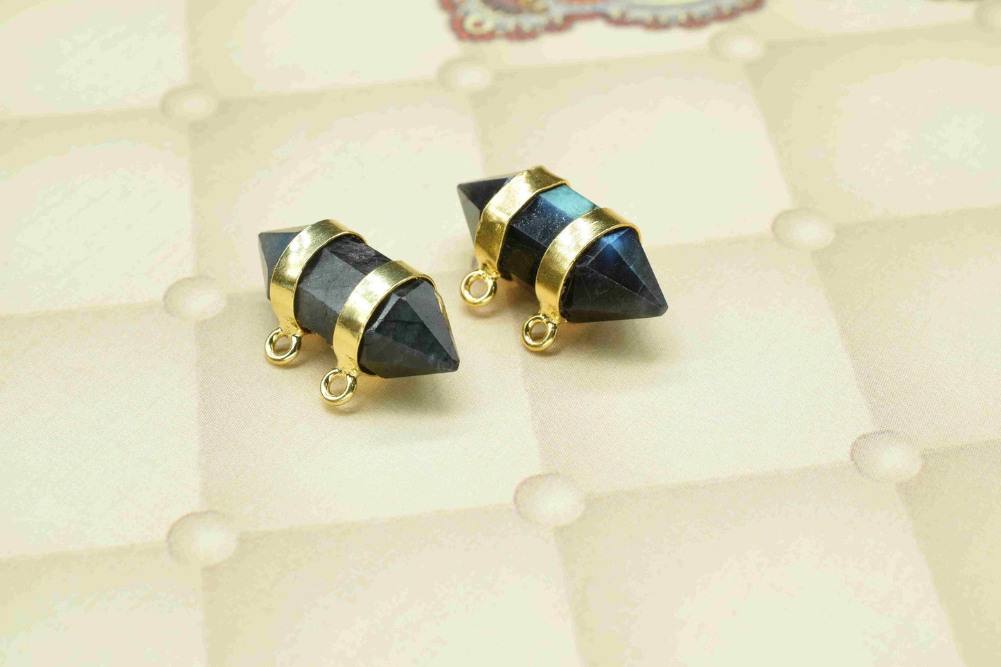 Blue Fire Labradorite 8x22mm Point Pendant,Labradorite Bullet Pendant,Labradorite Gemstone Double Bail Pendant with Electroplated Gold Band