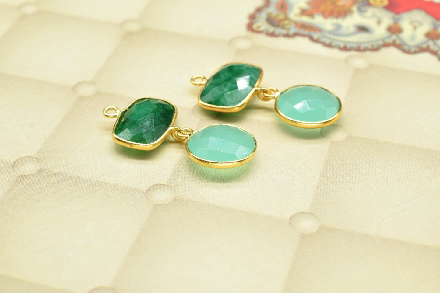 Emerald Dangle Component Earrings,Station Bezel Link,Gemstone Connector,Multi Stone Jewelry,Aqua Quartz pendant Connector,Handmade Jewelry,