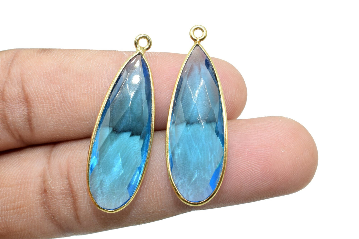 London Blue topaz 10x30mm Teardrop Charm,Blue topaz Gemstone Connectors,Gold Plated connectors,Single Bail Connector,Teardrop Shape Pendant