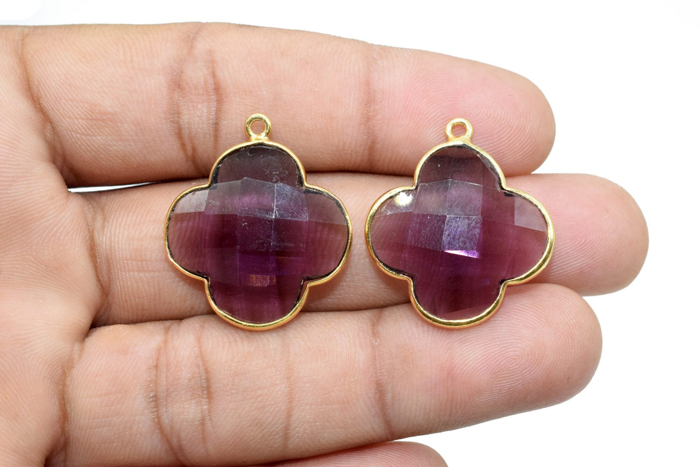 Amethyst 20mm Clover Shape Connector,Gold Plated Single Bail Gemstone Connector,Faceted Clover Shape Gemstone Bezel,Clover Charm Pendants