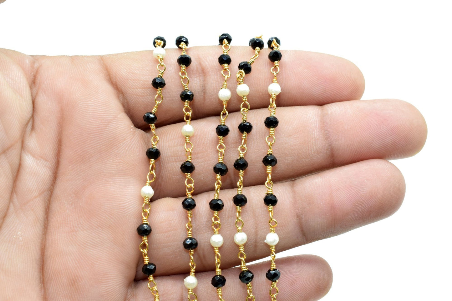 Black Spinel 3mm Rosary Style Beaded Chain, Black Spinel Faceted Beads Wire Wrapped Chain,Brass chains,Jewelry Making Chains,pearl rosary