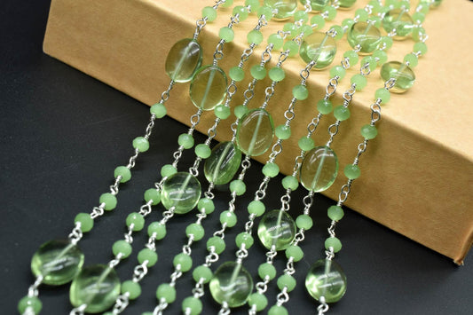 Natural Prehinte Smooth Oval Rosary Style Beaded Chain,Gold Plated Wire Wrapped Chain,Gemstone Linked Handmade Chain,Jewelry Making,Per Foot