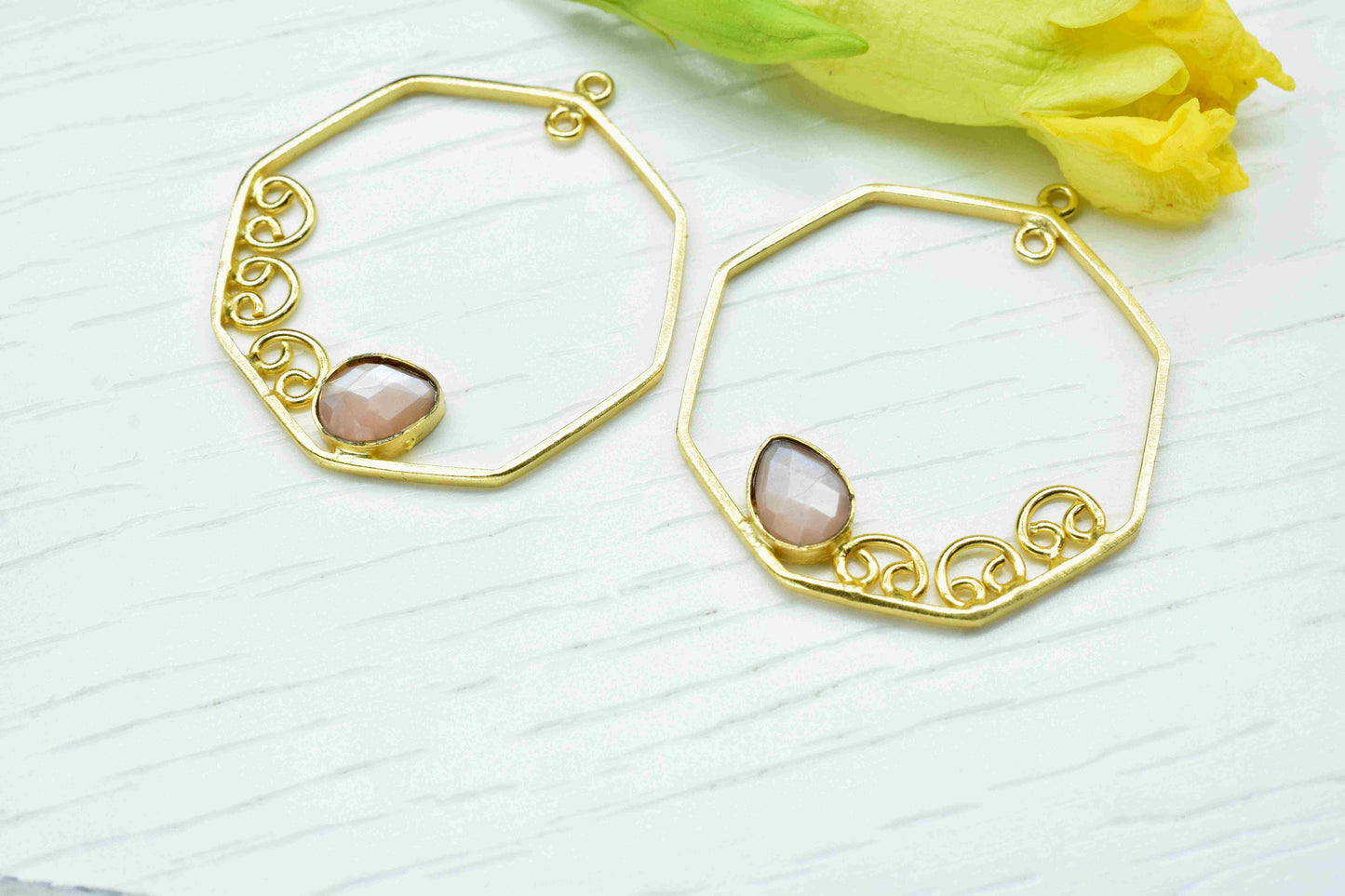 Peach Moonstone 6x8mm Teardrop Earring,Gemstone Component,Handmade Earring Connector,Finding 32mm Hexagon Shape Pendant,Component Jewellery