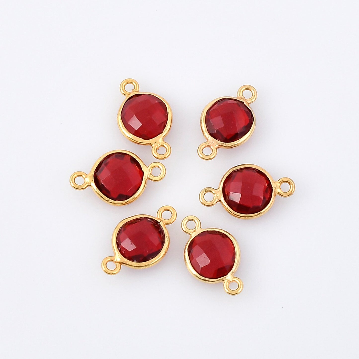 Garnet 8mm Round Bezel,Garnet dual connector charm, Gold Plated bezel,Garnet Bezel,Gold Vermeil Bezel,Garnet jewelry, Gold-Filled bezels
