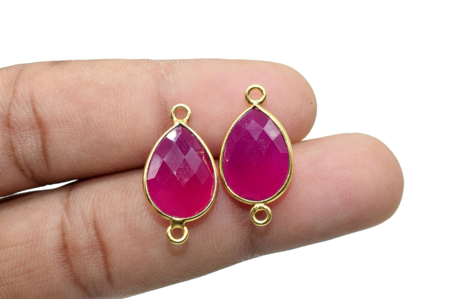 Pink chalcedony 10x14mm Pear shape double loop connectors,Checker Board cut Pink Chalcedony Pendant,Hot Pink charms,Fuchsia Pink Chalcedony