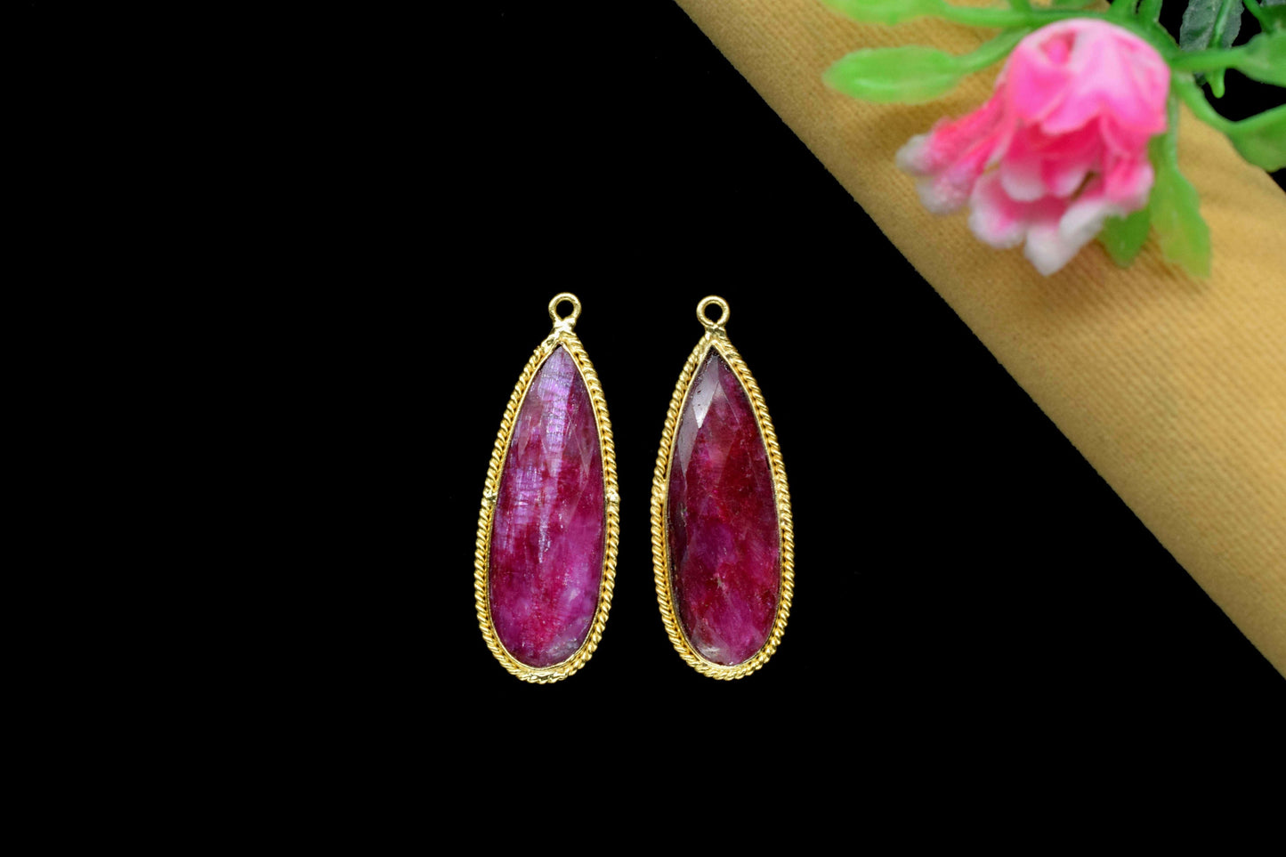 Ruby Gemstone 10x30mm Teardrop Shape Connector,Ruby Handmade Connector Jewelry,Ruby Charms Jewelry,Ruby Gold Plating Charms Connectors,Gift