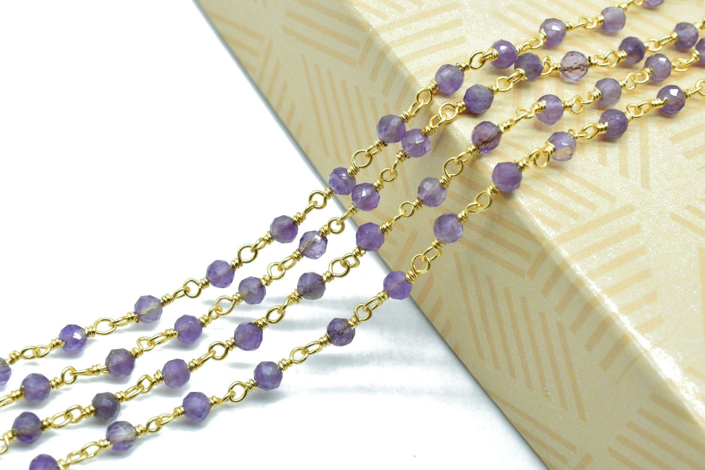 Amethyst 3mm Beaded Chain,Amethyst wire wrapped rosary chain,Roundel Faceted Gold Plated Beaded Rosary Chain,Beautiful Amethyst Beaded Chain