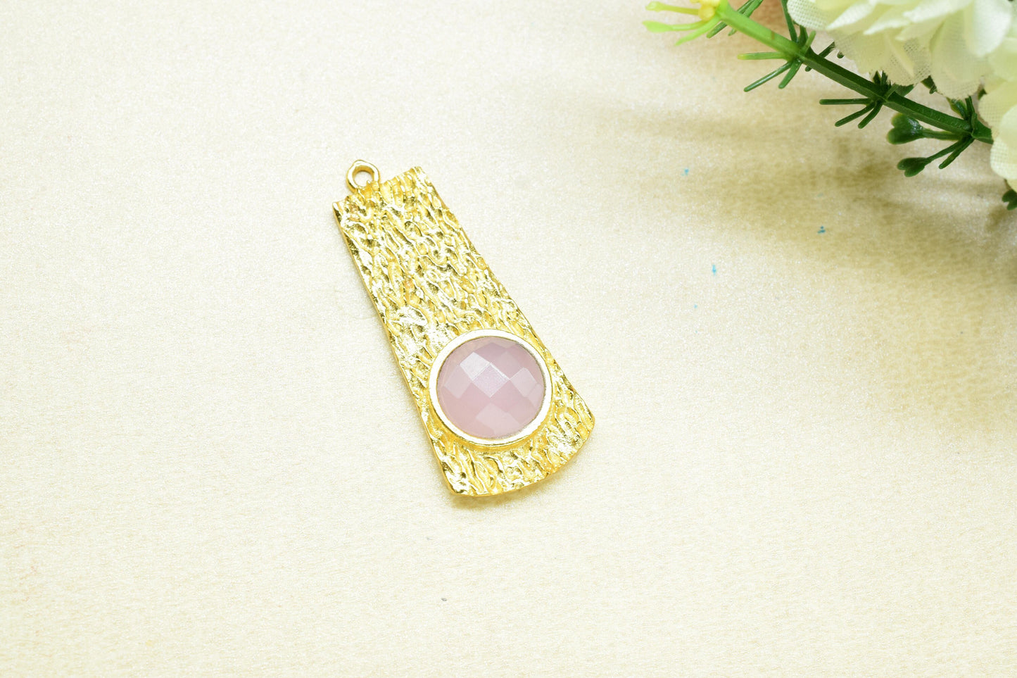 Pink Chalcedony Pendant ,Pink Chalcedony Gemstone Handmade Pendant , Single Bail Charms , Gold Plated Connectors , Gemstone Connector Charm