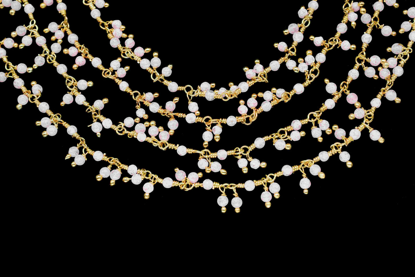 Natural Rose Quartz 2mm Round Cluster Bead Chain,Exceptional Pink Quartz Cluster Rosary,Gold Plated Wire Rosary Bead,Jewelry Making Supplies