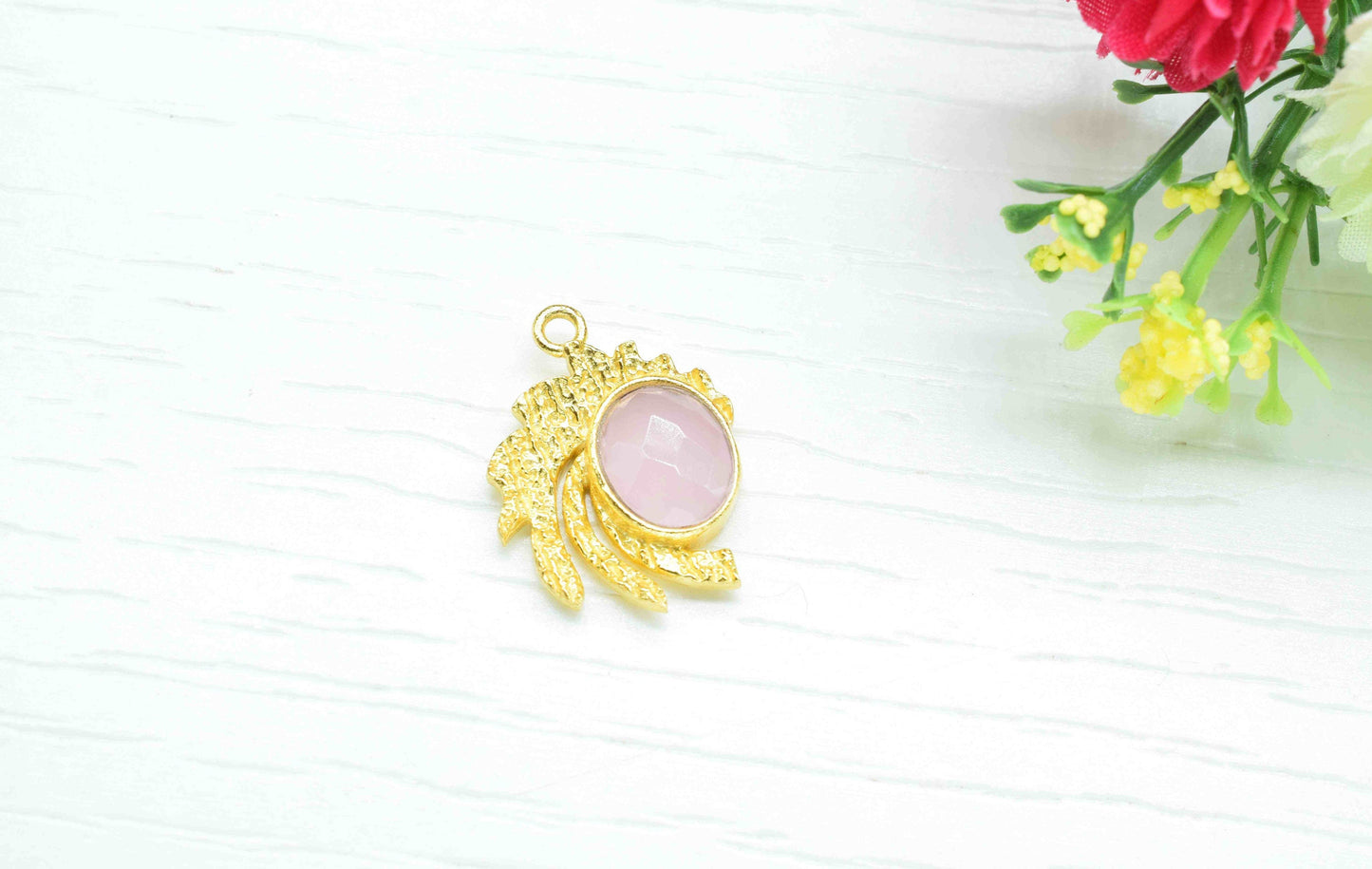Rose Quartz Pendant ,  Gemstone Handmade Pendant , Bulk Gemstone Pendant , Gold Plated Connectors ,Single Bail Gemstone Connector Charm