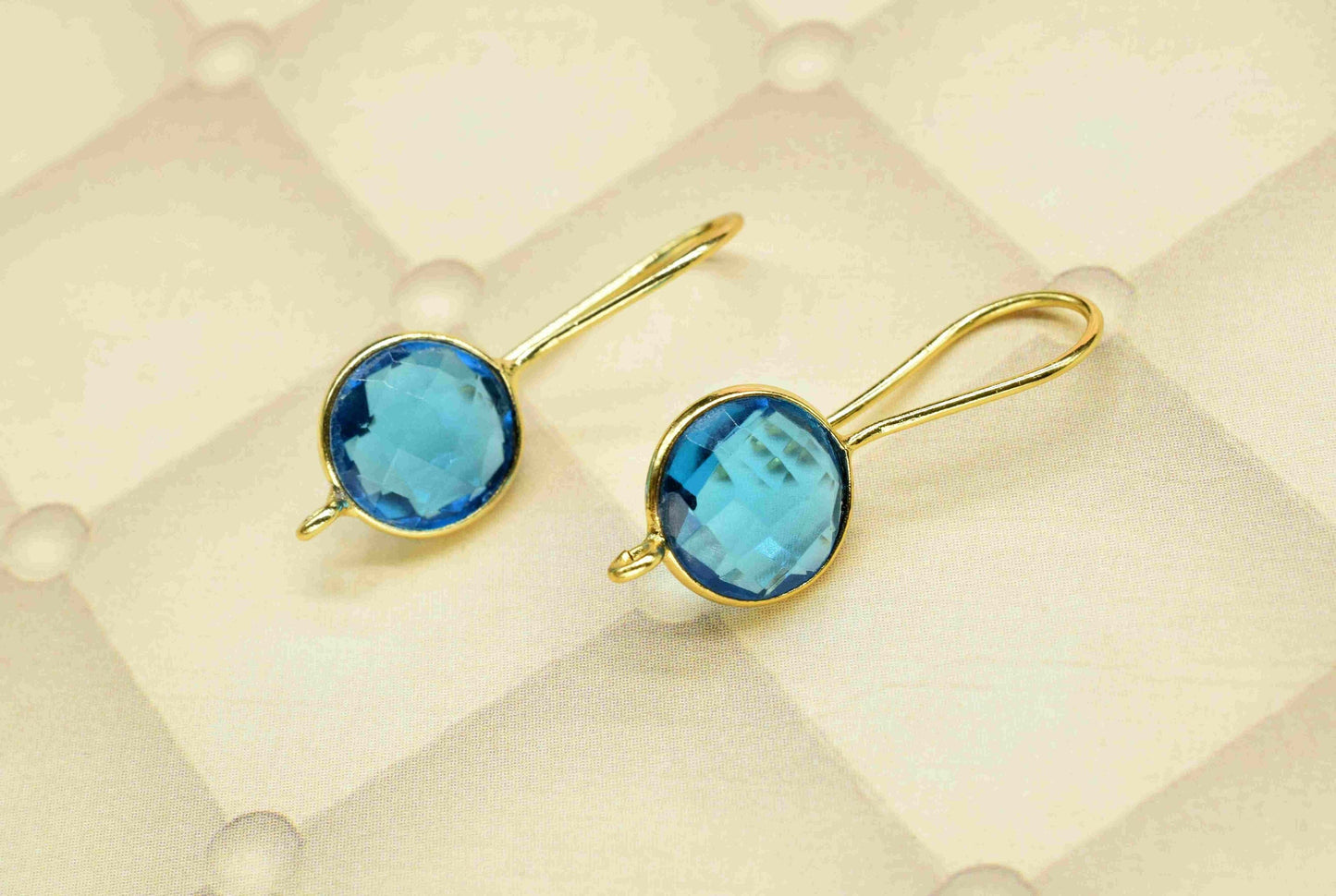 Blue Topaz 10mm Round Shape Earrings,Topaz Gemstone bezel Component,Blue Topaz Bezel Connector,Topaz Bezel Earring,Topaz Connector Jewellery