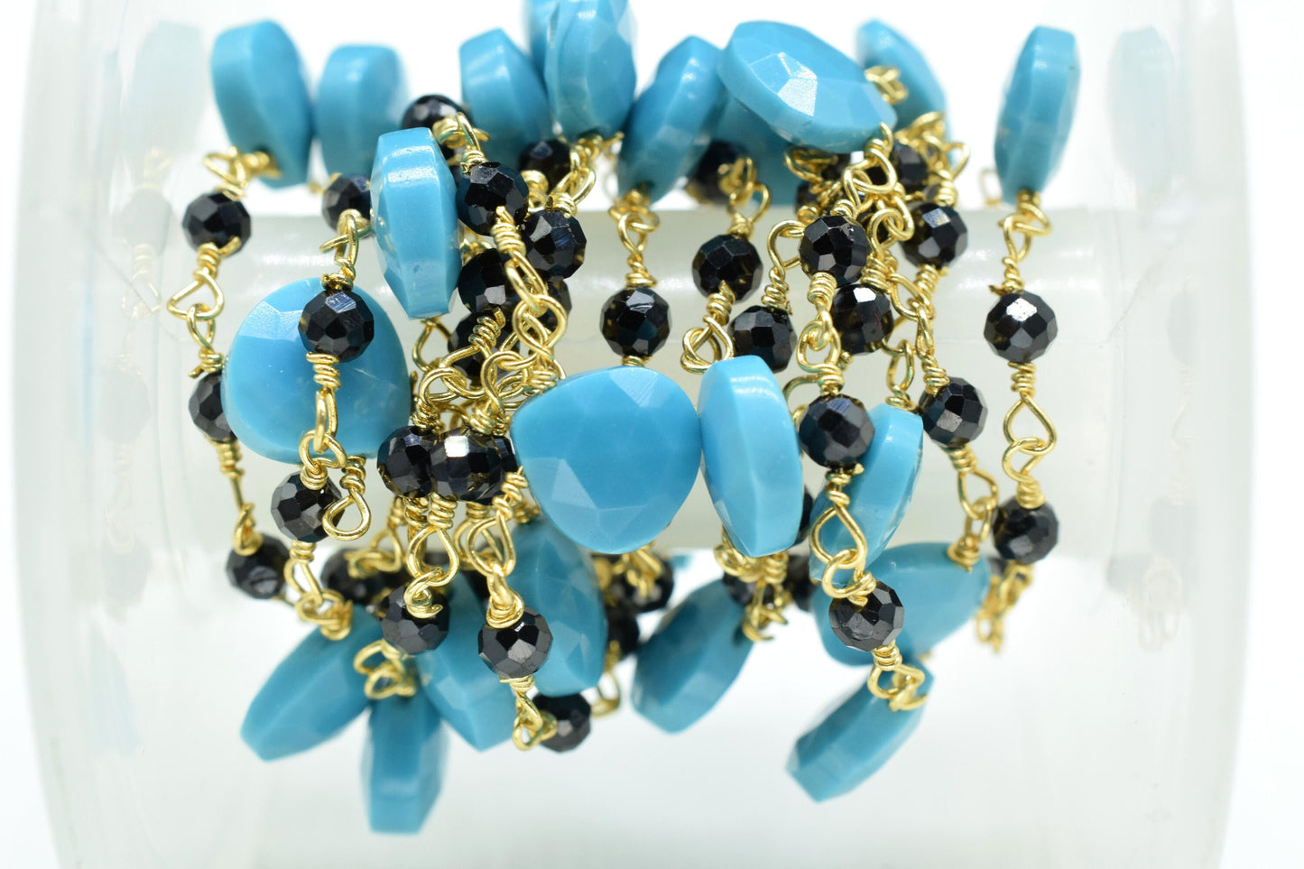3-3.5 mm Black  Rosary Chain,Black Onyx Faceted Beaded Chain,Wire Wrapped Silver Plated Chain,turquoise briolette rosary ,dual gemstone ,